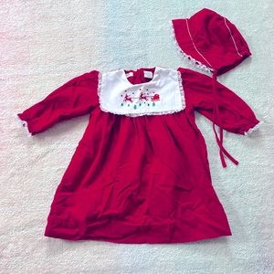 Carriage Boutique Corduroy Embroidered Red Christmas Santa Dress with Bonnet